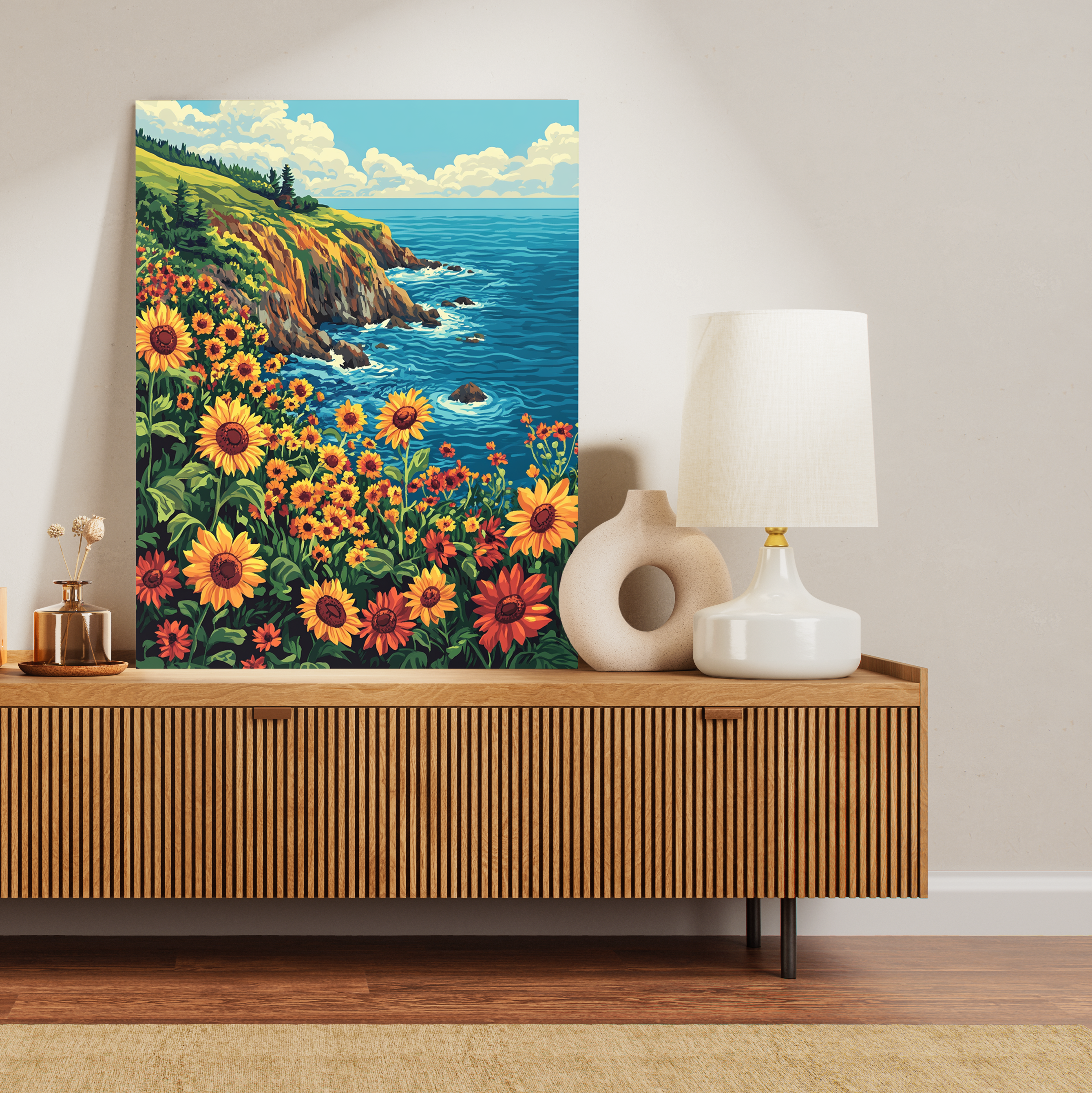 Acantilados y Girasoles al Atardecer